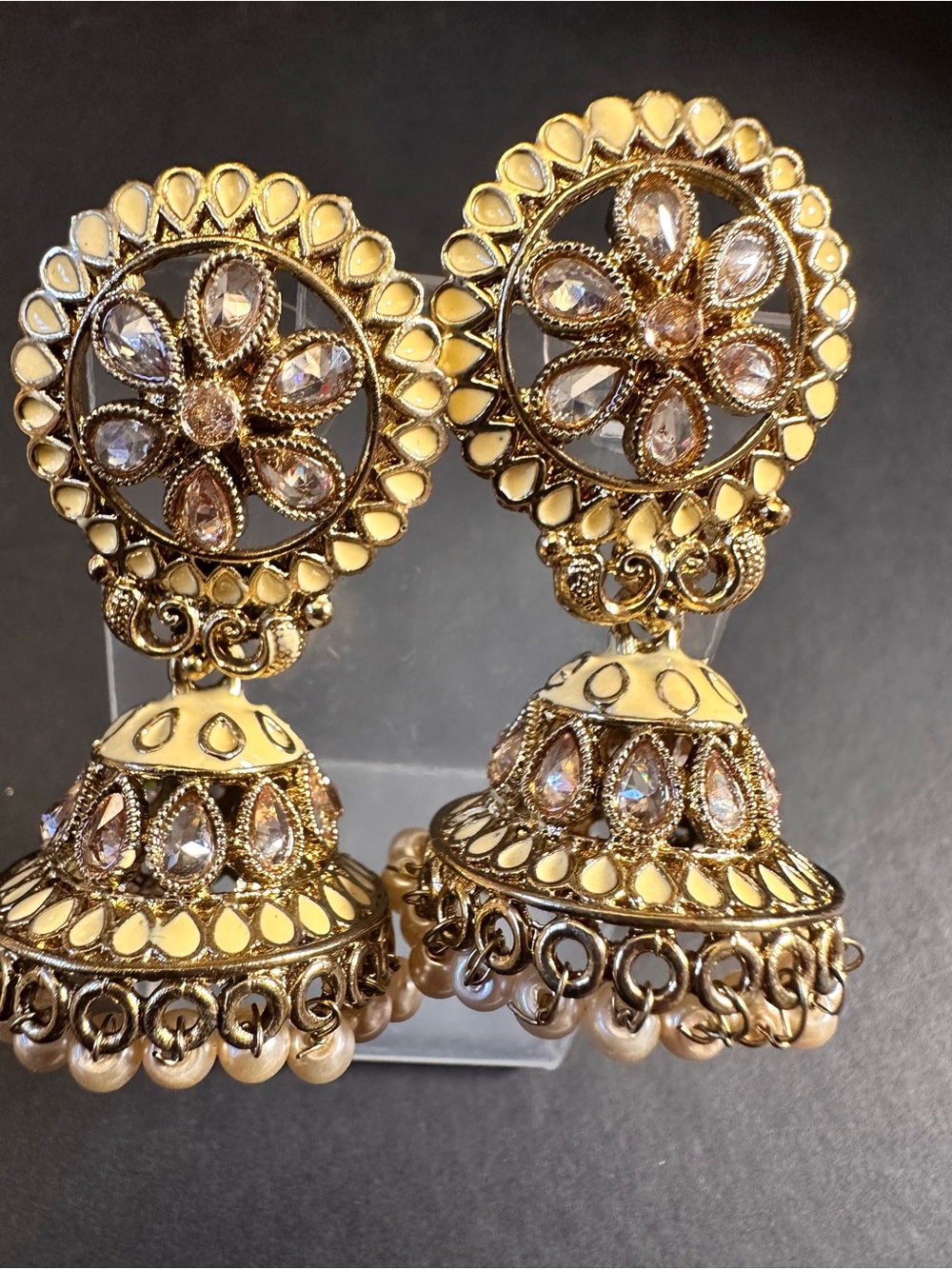 Gold Floral Jhumka Earrings with Champagne Stones